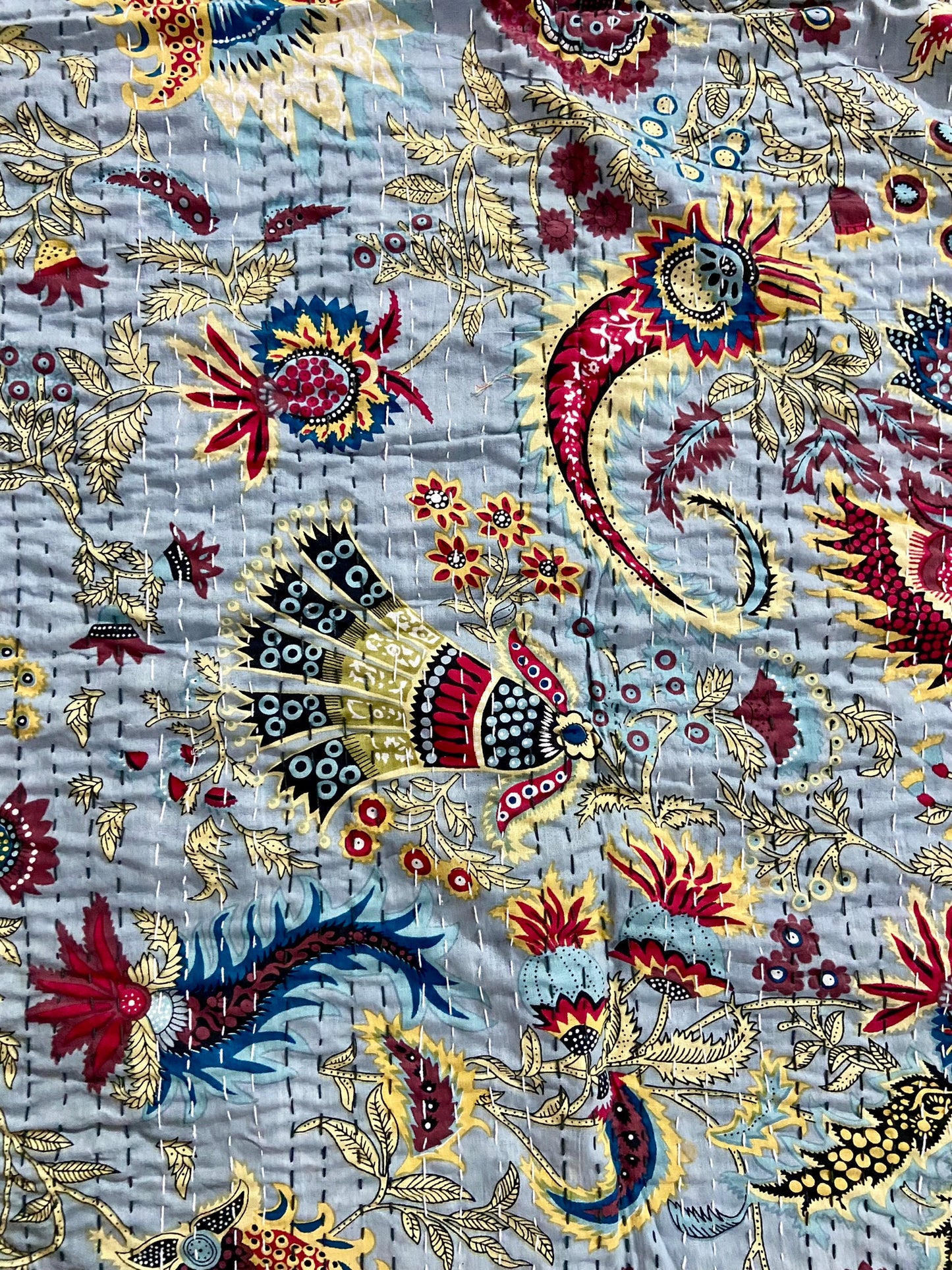 Gray Wildflower Kantha Quilt