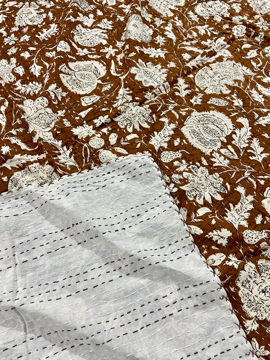 Coffee Brown Boho Indian Queen Kantha Quilt