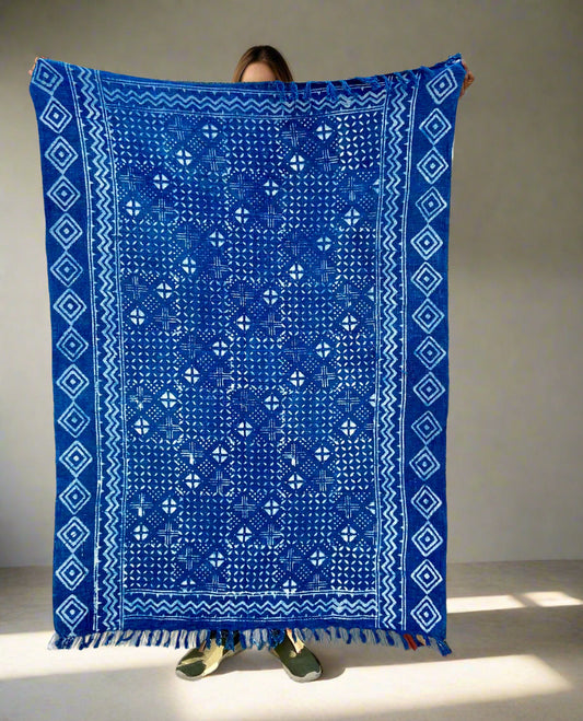 Boho Indian Mud Cloth Throw Blanket With Tassels Hand loomed Block Print Organic Cotton Sofa and Bed Throw Cozy Neutral Decor Vintage Throw