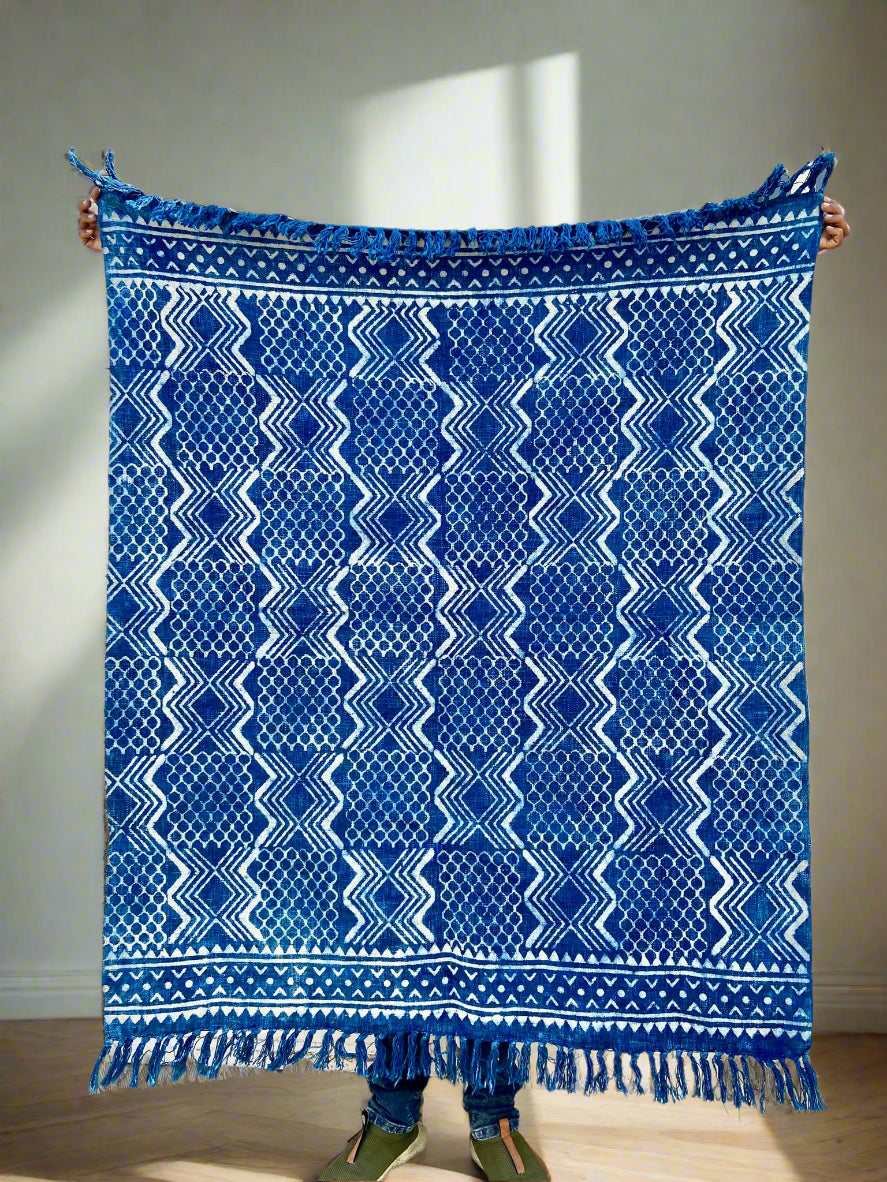 Indian Mud Cloth Printed Indigo Throw Blanket