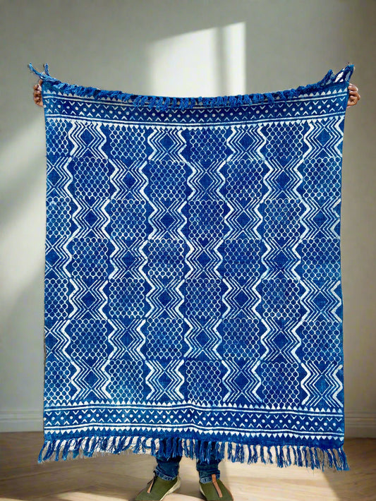 Indian Mud Cloth Printed Indigo Throw Blanket