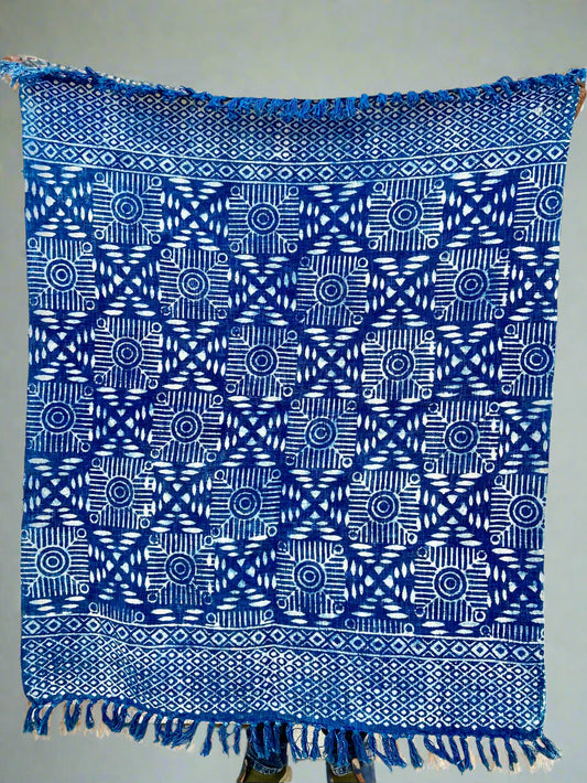 Indian Mud Cloth Printed Indigo Throw Blanket