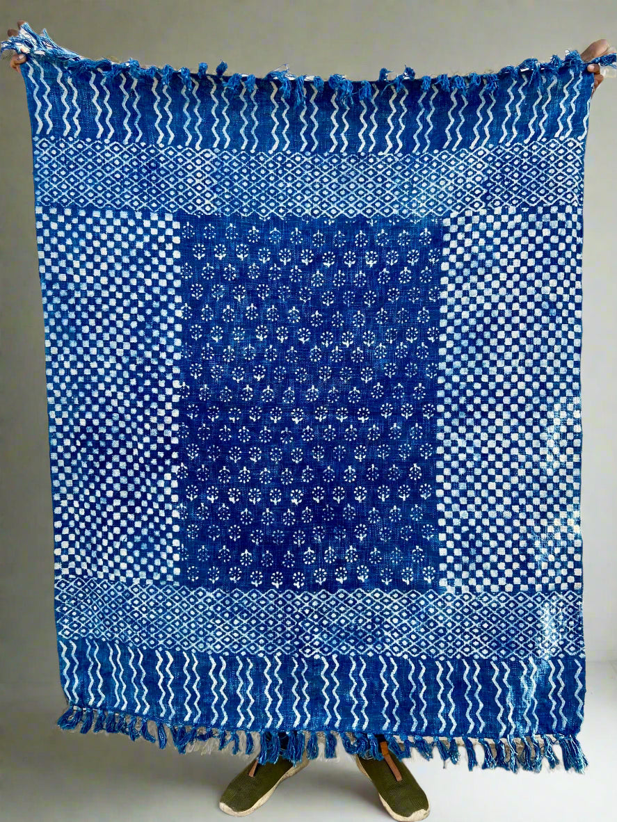 Indigo Handmade Soft Cotton Throws Blankets, Hand Loom Hand Block Printed Bed Boho Cotton Fringed Blanket Beach Throw