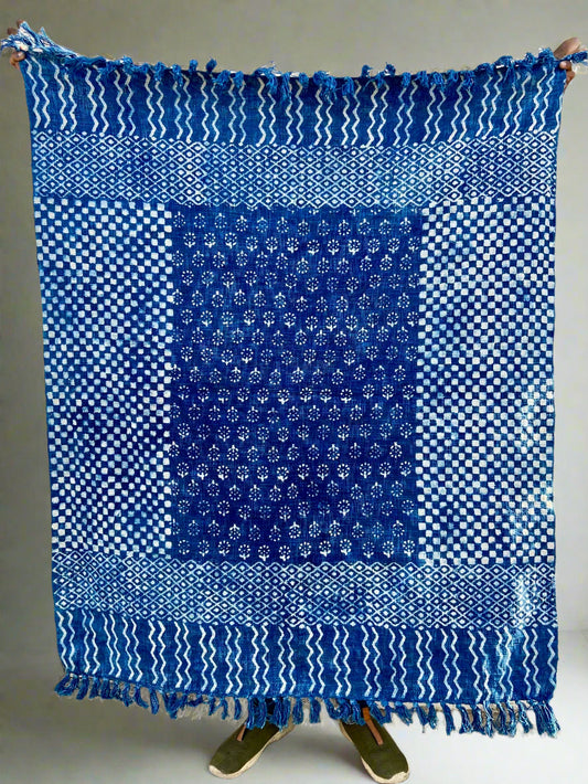 Indigo Handmade Soft Cotton Throws Blankets, Hand Loom Hand Block Printed Bed Boho Cotton Fringed Blanket Beach Throw