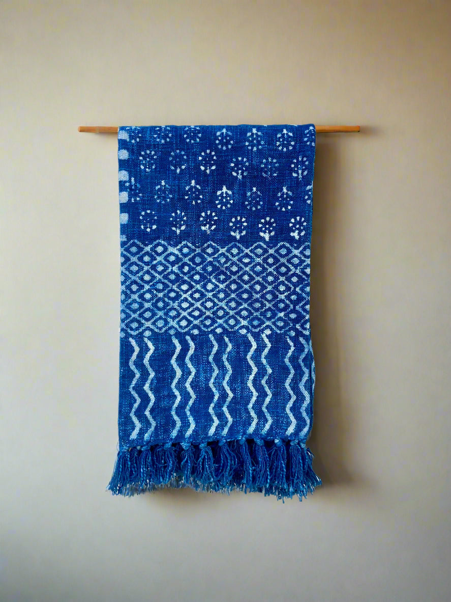 Indigo Handmade Soft Cotton Throws Blankets, Hand Loom Hand Block Printed Bed Boho Cotton Fringed Blanket Beach Throw