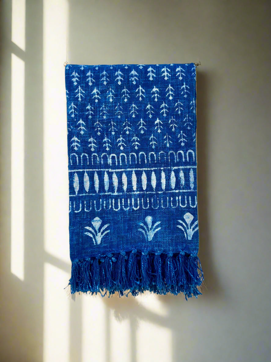 Indigo Handmade Soft Cotton Throws Blankets, Hand Loom Hand Block Printed Bed Boho Cotton Fringed Blanket Beach Throw