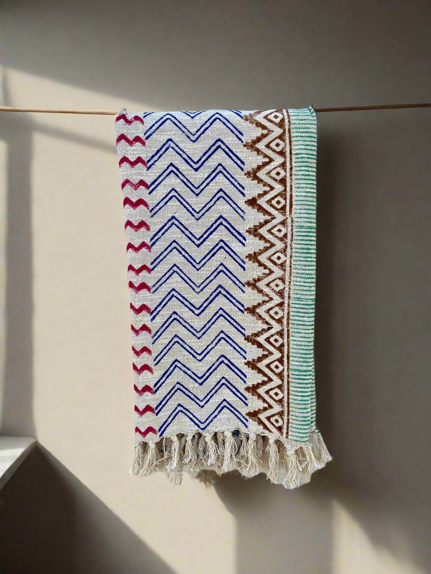 Indian Handmade Soft Cotton Throws Blankets, Hand Loom Hand Block Printed Bed Boho Cotton Fringed Blanket Beach Throw