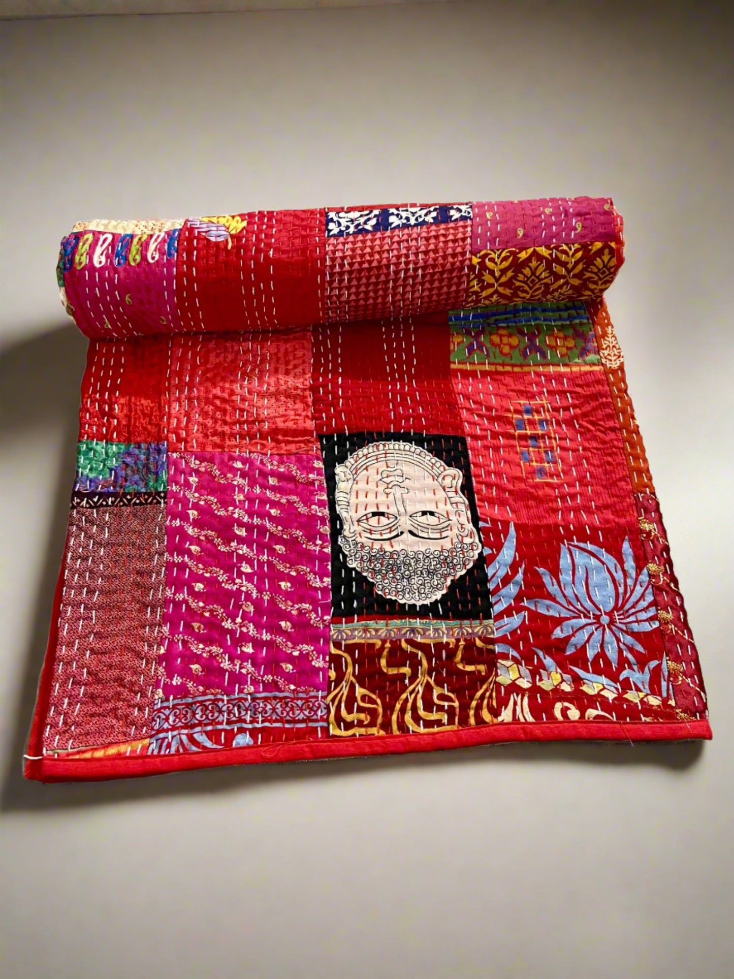 Red Silk Patchwork Kantha Quilt