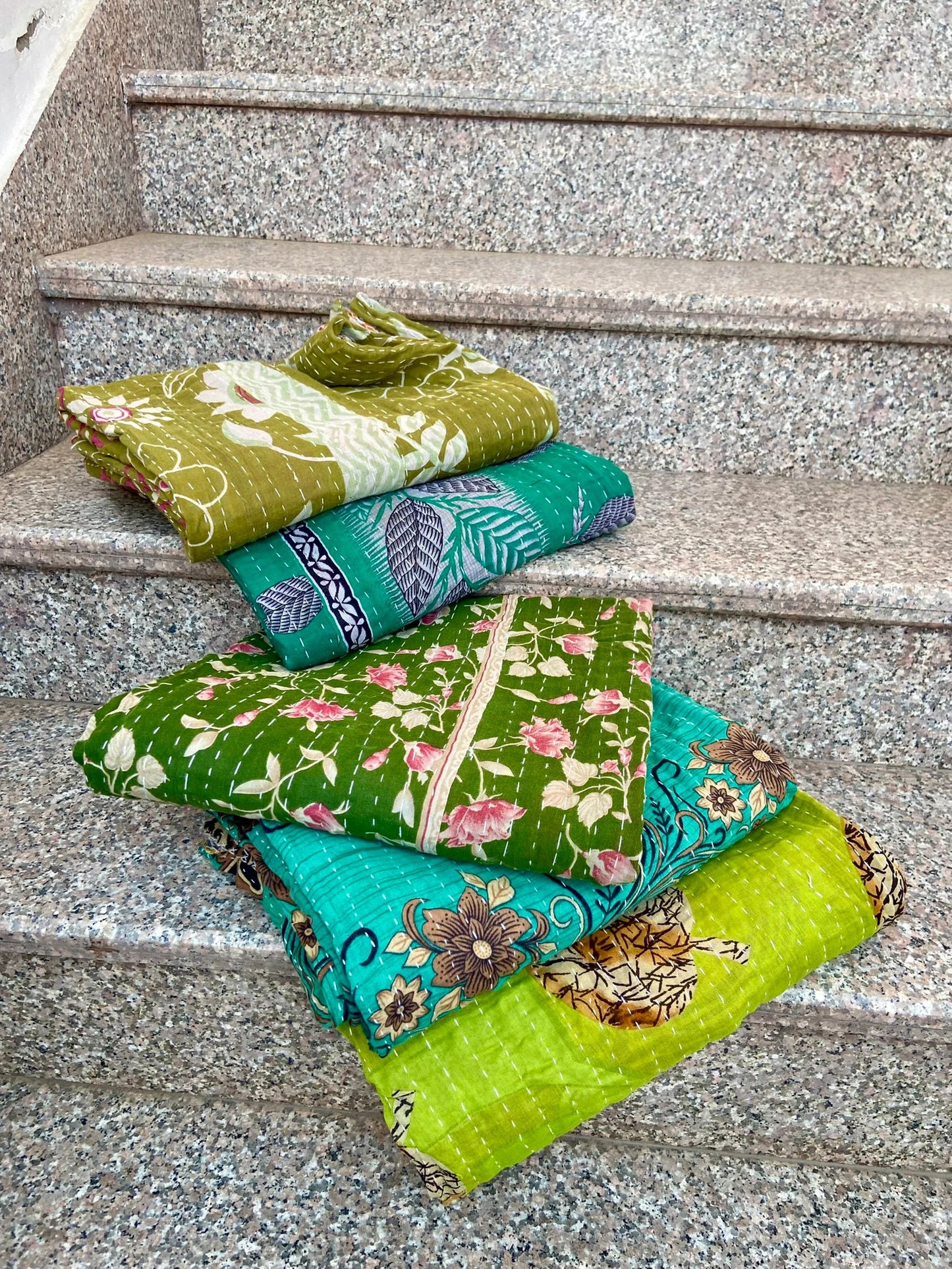 Handmade Vintage Cotton Green Kantha Quilts