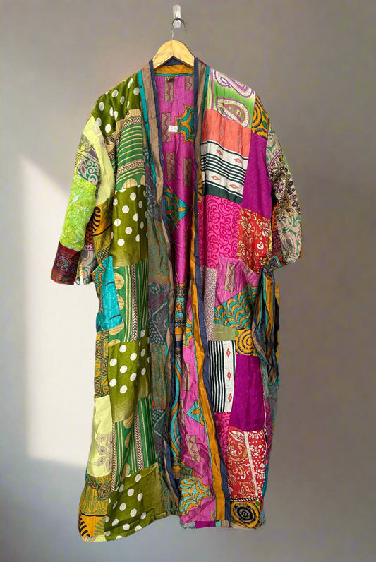 Silk Patchwork Robe Indian Vintage Boho Sari Kimono