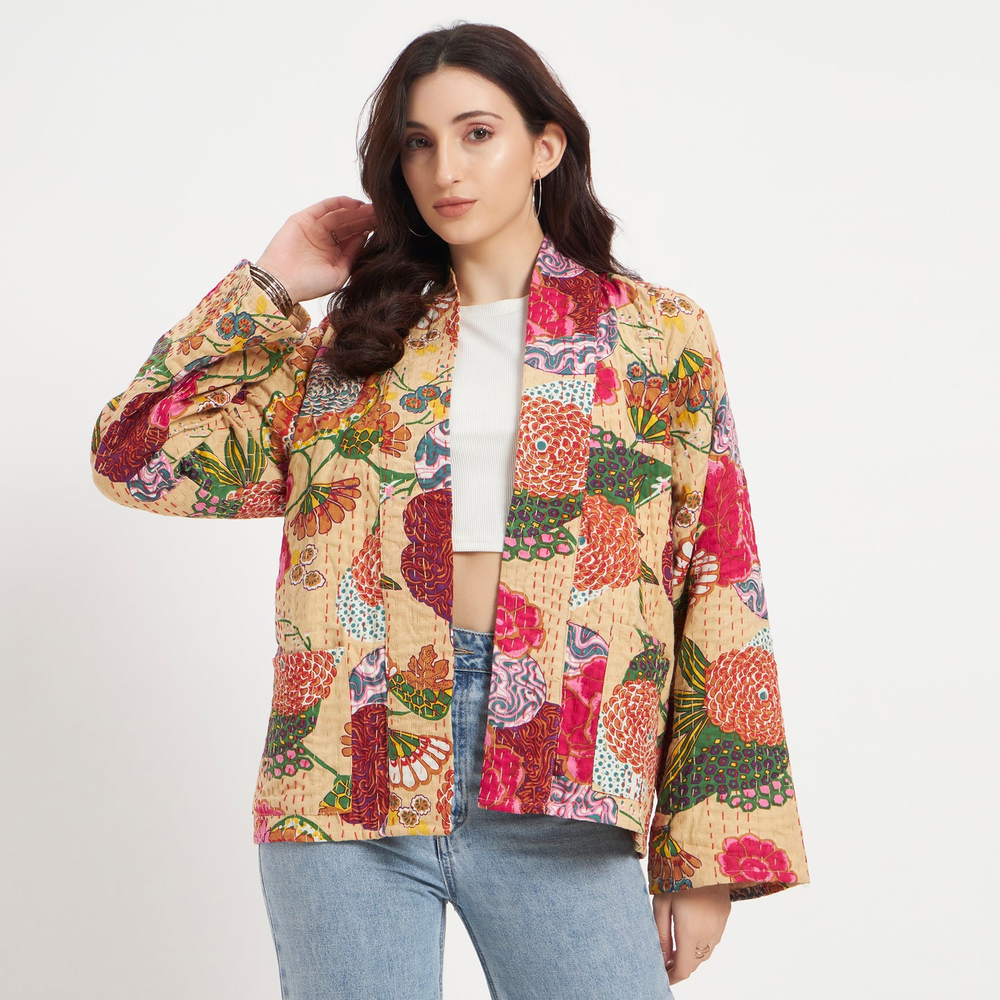 Handmade Cotton Beige Kantha Jacket