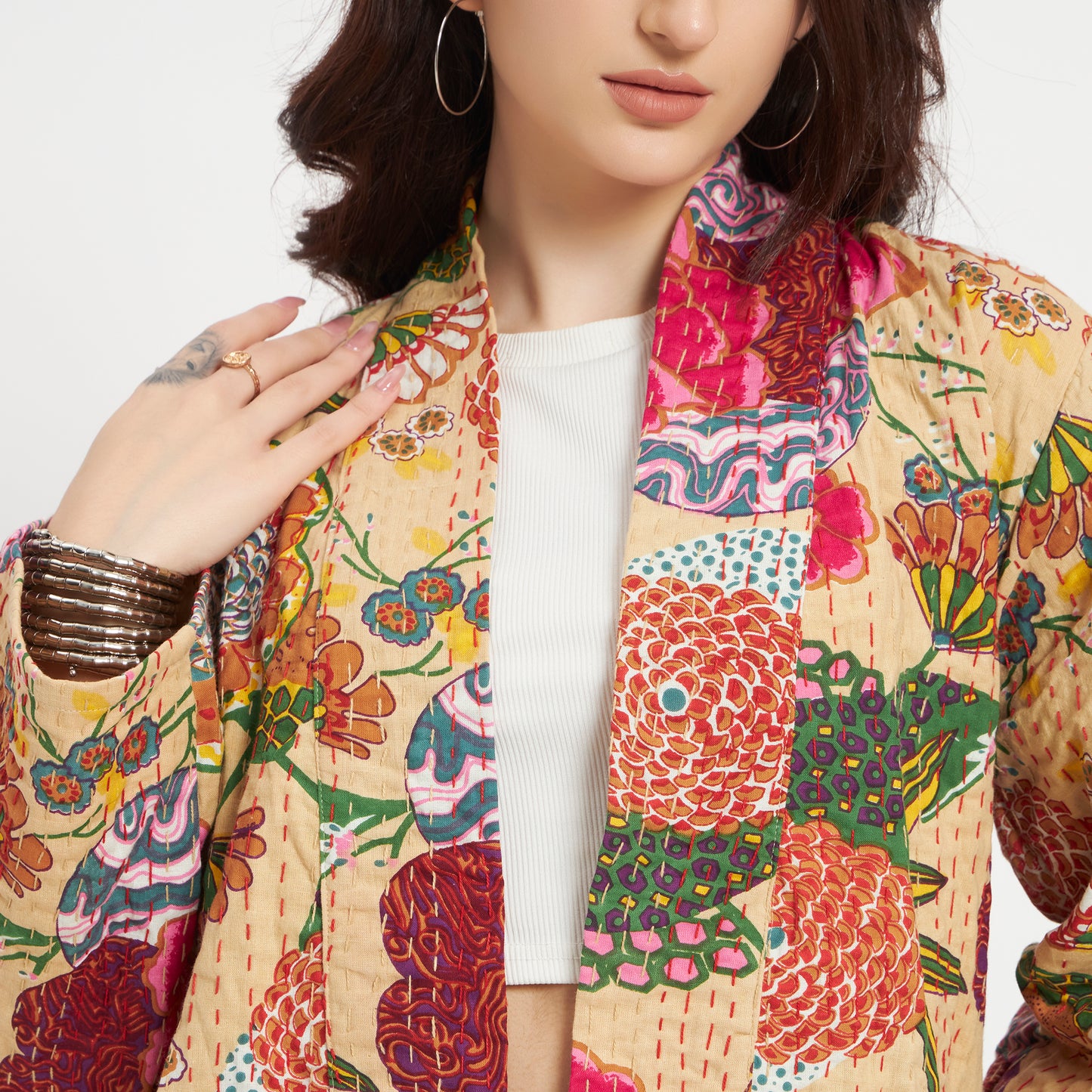Handmade Cotton Beige Kantha Jacket