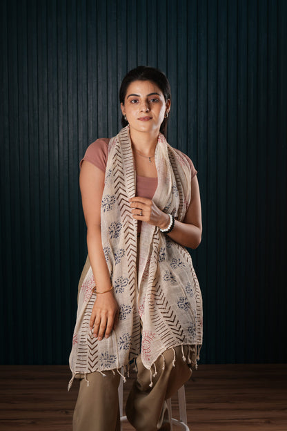 Stone Washed Organic Cotton Hand Block Printed Scarf