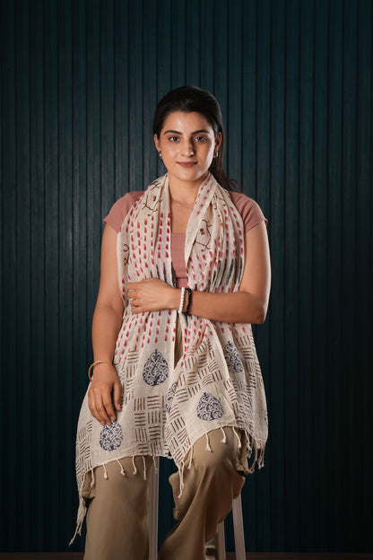 Stone Washed Organic Cotton Hand Block Printed Scarf