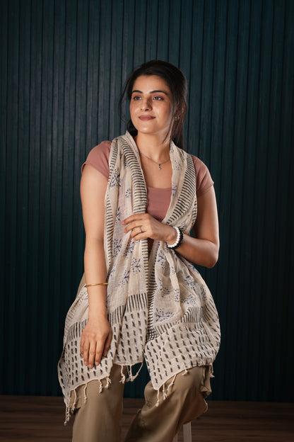 Stone Washed Organic Cotton Hand Block Printed Scarf