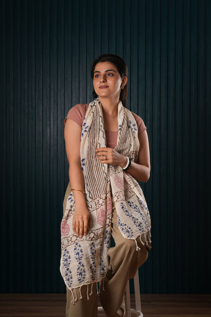 Stone Washed Organic Cotton Hand Block Printed Scarf