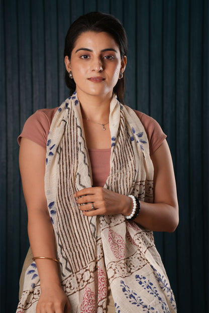 Stone Washed Organic Cotton Hand Block Printed Scarf