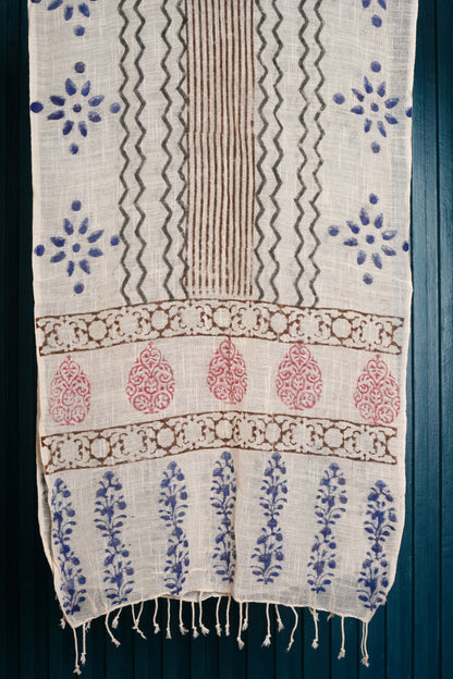Stone Washed Organic Cotton Hand Block Printed Scarf