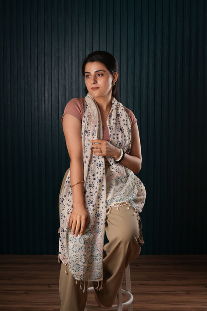 Stone Washed Organic Cotton Hand Block Printed Scarf