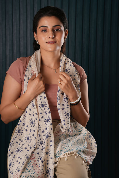 Stone Washed Organic Cotton Hand Block Printed Scarf