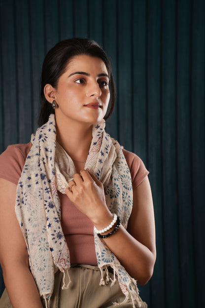 Stone Washed Organic Cotton Hand Block Printed Scarf