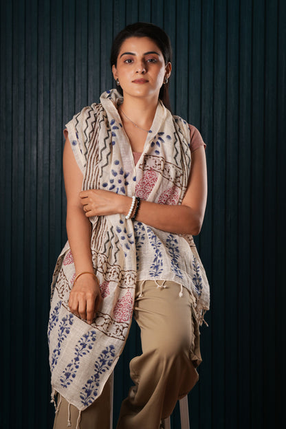 Stone Washed Organic Cotton Hand Block Printed Scarf