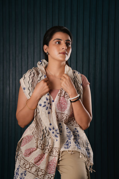 Stone Washed Organic Cotton Hand Block Printed Scarf