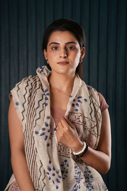 Stone Washed Organic Cotton Hand Block Printed Scarf