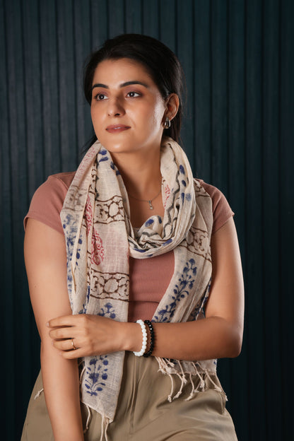 Stone Washed Organic Cotton Hand Block Printed Scarf