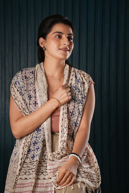 Stone Washed Organic Cotton Hand Block Printed Scarf