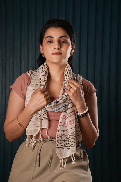 Stone Washed Organic Cotton Hand Block Printed Scarf