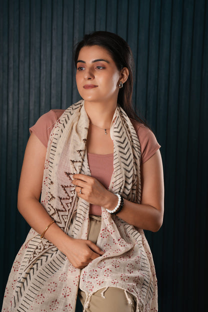 Stone Washed Organic Cotton Hand Block Printed Scarf