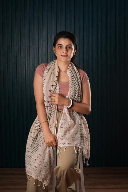 Stone Washed Organic Cotton Hand Block Printed Scarf
