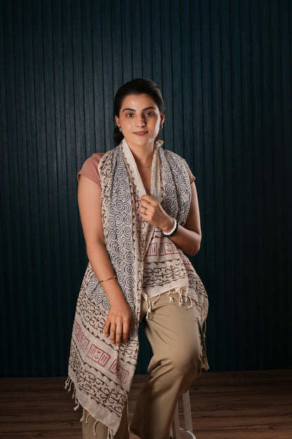 Stone Washed Organic Cotton Hand Block Printed Scarf