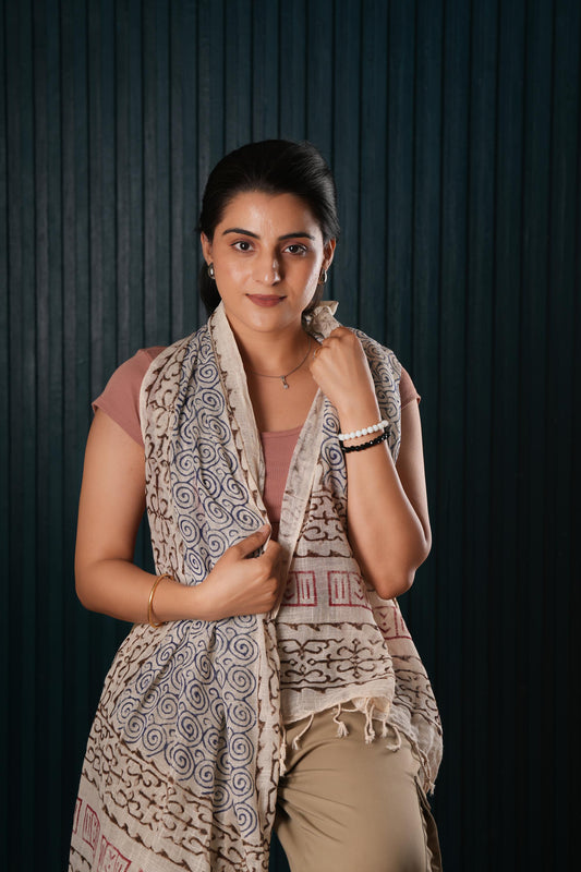 Stone Washed Organic Cotton Hand Block Printed Scarf