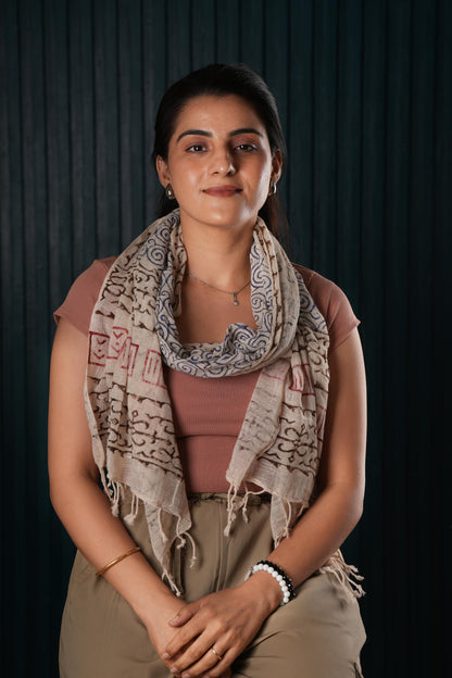 Stone Washed Organic Cotton Hand Block Printed Scarf