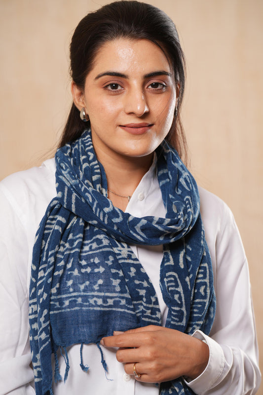 Indigo Cotton Block Printed Scarf