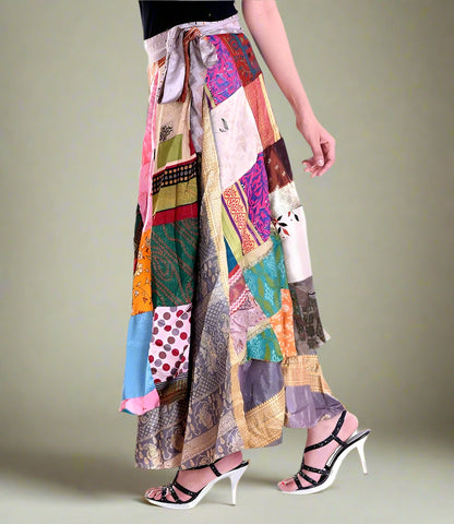 Handmade Vintage Patchwork Silk Long Wrap Skirt