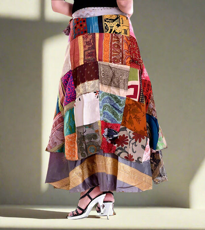 Handmade Vintage Patchwork Silk Long Wrap Skirt