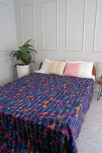 Navy Sparrow Cotton Kantha Bedspread
