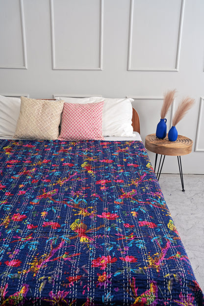 Navy Sparrow Cotton Kantha Bedspread
