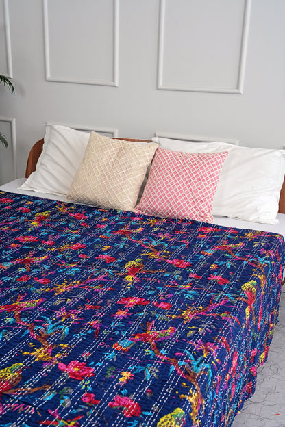 Navy Sparrow Cotton Kantha Bedspread