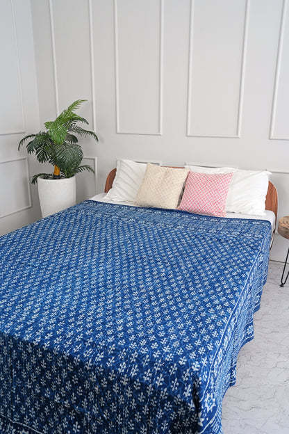 Hand-Block Printed Indigo Cotton Kantha Quilt - stone washed