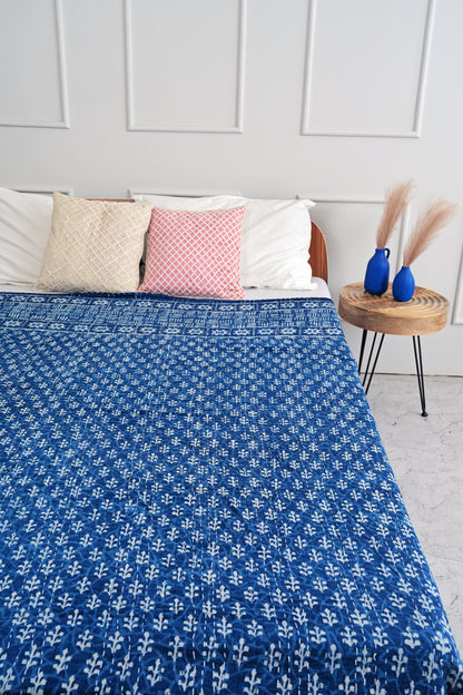 Hand-Block Printed Indigo Cotton Kantha Quilt - stone washed