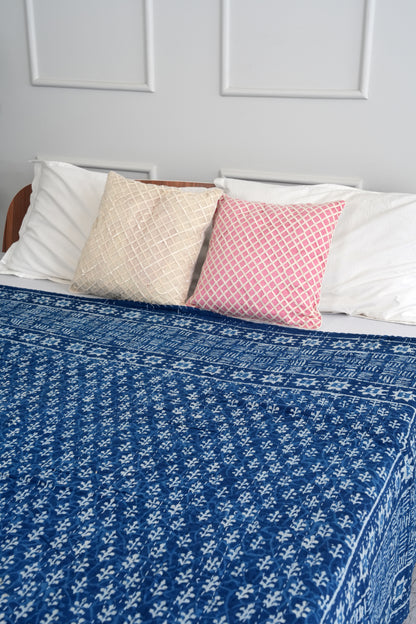 Hand-Block Printed Indigo Cotton Kantha Quilt - stone washed