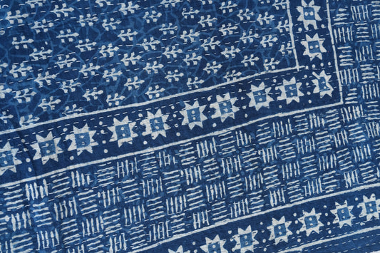 Hand-Block Printed Indigo Cotton Kantha Quilt - stone washed
