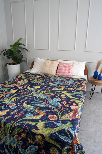 Navy Peacock Cotton Printed Kantha Quilt
