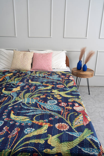 Navy Peacock Cotton Printed Kantha Quilt