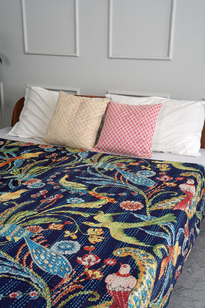 Navy Peacock Cotton Printed Kantha Quilt