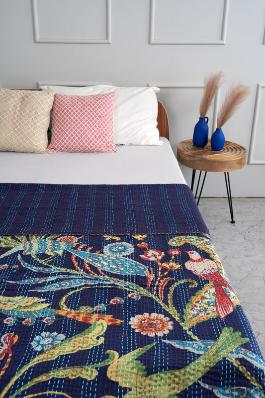 Navy Peacock Cotton Printed Kantha Quilt